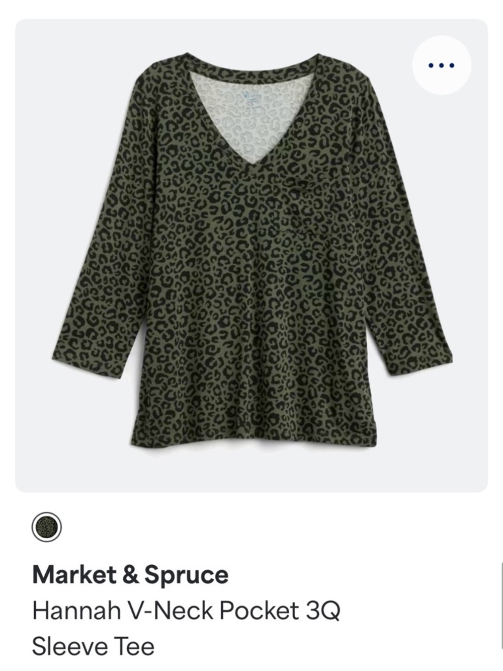 Olive Green Leopard Print V Neck Top 3/4 Sleeve Size M
